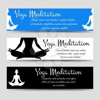 Yoga horizontal banners set with meditation men. Vector illustration