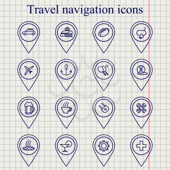 Travel navigation icons on notebook paper vector set