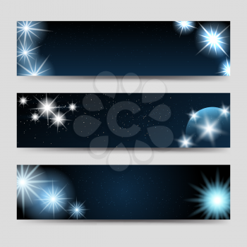 Horizontal space banners set vector. Banners with stars and glitters