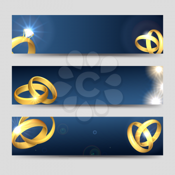 Horizontal wedding banners template with golden rings vector