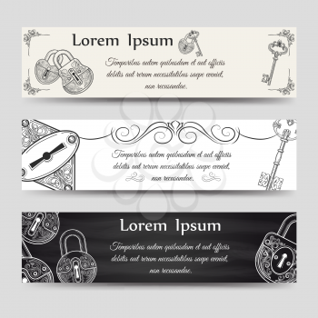 Horizontal banners set with hand drawn vintage keys and locks vector