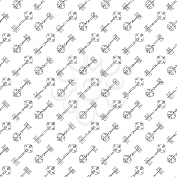 Monochromic diagonal seamless pattern with hand drawn inky keys. Vector illustration