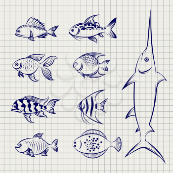 Hand drawn fish. Sketch fish on the notebook page vector icons