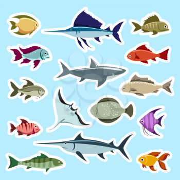 Colorful fish stickers set vector isolated on blue