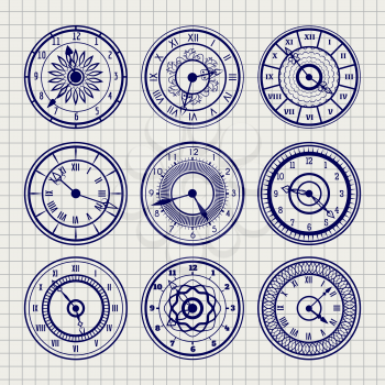 Set of ornamental watches vector. Ball pen imitation sketch