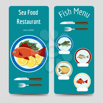Sea food restaraunt menu design. Fish menu flyers template vector illustration