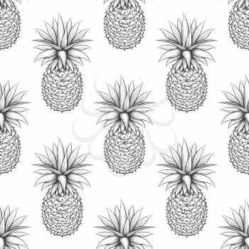 Black and white seamless pattern with hand drawn pineapple. Monochromic pineapple vector background