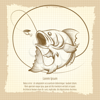 Fishing club emblem design on vintage notebook page. Vector illustration