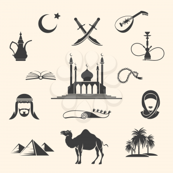 Set of Arabian or Middle East black icons. Vector illustration