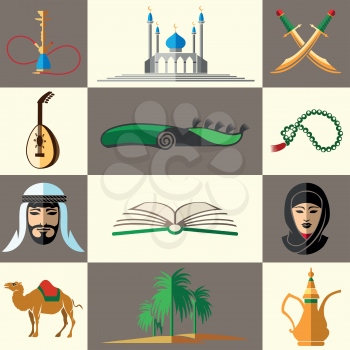 Arabic, middle east flat colored icons. Arabian people and middle east mosque and swords and open book. Arabic style vector illustration