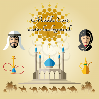 Arab concept background with camels, mosque and people in traditional Middle East clothes. Vector background with text