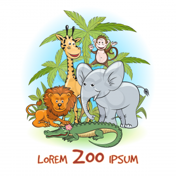 Zoo Cartoon animals logo. Animals with trees and zoo text. Vector illustration