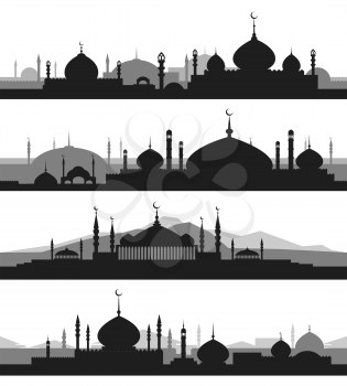 Islamic cityscape with mosque and minaret silhouettes. Mosques and minarets horizontal patterns. Vector illustration