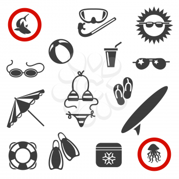 Beach black icons. Summer beach vector icons on white background