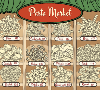 Different types of pasta with name and price. Pasta and spaghetti, noodles and other pasta products vector illustration