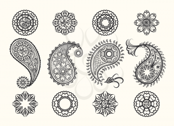 Henna tatoo paisley icons set. Mehndi henna high quality ornamental elements. Vector henna mehndi