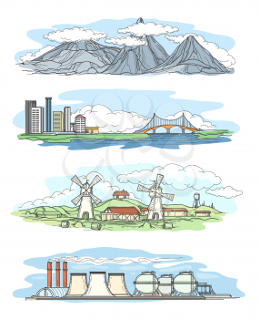 Landscapes in hand drawing style. Mountain views and views of the city, the industrial landscape and rural landscape