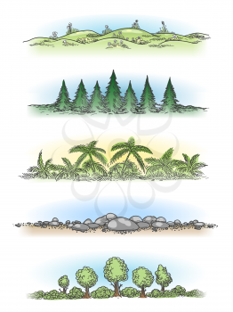 Colorful hand drawn landscapes with trees, hills and rocks. Vector doodle landscapes