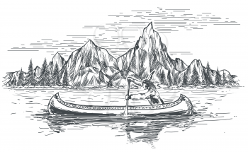 Native american rowing indian in canoe boat on mountain landscape. Hand drawn vector illustration