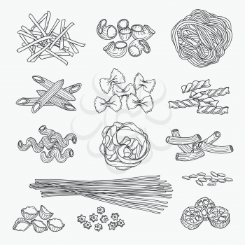 Pasta in hand drawn style. Different types of pasta black line icons on white background. Vector illustration