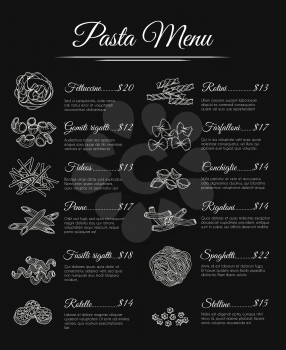 Hand drawn pasta menu. Italian restaurant pasta menu template. Vector illustration