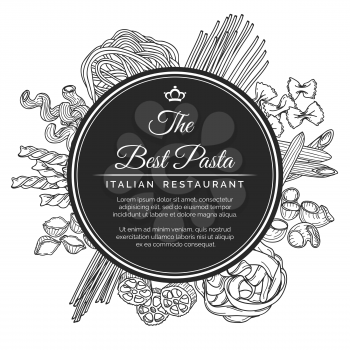 Hand drawn italian pasta restaurant poster. Best pasta restaurant logo with different kinds of pasta. Vector illustration