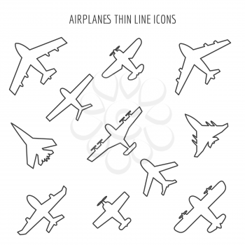 Airplanes thin line icons. Plane black outline images on white background. Vector illustration