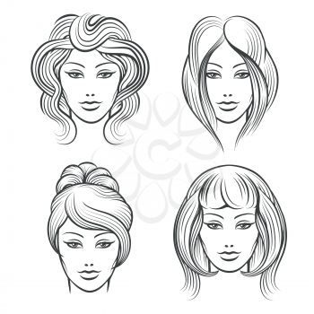 Womens faces line icons. Female heads with different hairstyles. Vector illustration