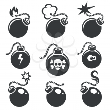 Bomb signs or bomb symbols. Bomb icon with skull and crossbones. Vector illustration