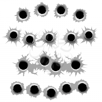 In and out bullet holes on whute background. Vector bullet holes