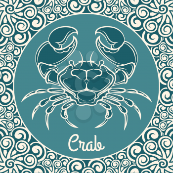 Crab label. Crab logo blue ornamental template. Vector illustration