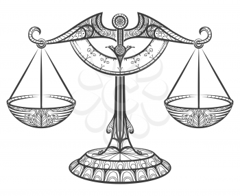 Zodiac sign of Libra drawn in zentangle style. Line libra icon. Vector illustration