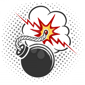 Bomb icon with burning wick. Pop art style bomb cartoon explosion. Vector illustration