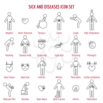 Sick people icons and different diseases line icons. Vector illustration