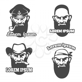 Caucasian face logo element. Pirate and gangster logo face, captain and wild west cowboy face