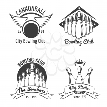Bowling club emblem set. Vintage bowling tournament logo set. Vector illustration