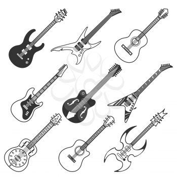 Black guitars silhouettes. Classic and bass vector icons