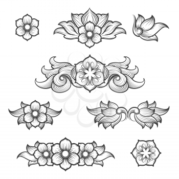 Vintage baroque engraving floral elements. Retro scroll foliage ornament symbols vector