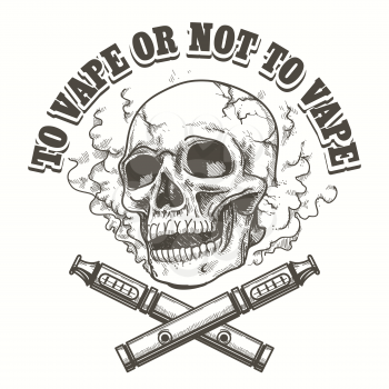 E-cigarette logo template with skull. Vape label or shop emblem. Vector illustration