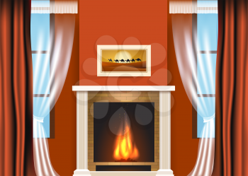 Classic living room interior with fireplace and curtains. Vector illustration