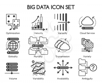 Big data characteristics icons. Variety and Velocity, Volume and Variability. Vector illustration