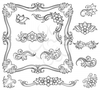 Vintage floral engraving decor elements. Leaf scroll ornament and page decoration, corners and retro flower pattern. Vector illustration