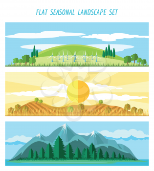 Nature landscape banners with river and mountains, fields and clouds vector illustration