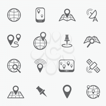 Location and navigation black line icons. Vector illustration