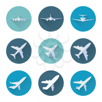 Airplane flat icons in blue circle set. Vector illustration