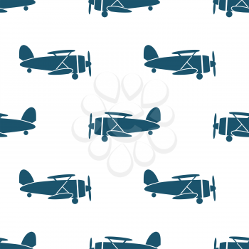 Seamless pattern with blue biplanes on white background. Vector illustration