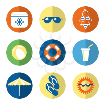 Summer flat icons with swimwear sun shoes sun umbrella. Vector illustration