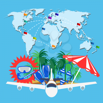 Travel background with word map airplane and summer elements. Vector illustration