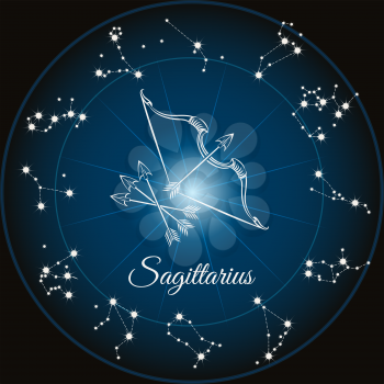 Zodiac sign sagittarius and circle constellations. Vector illustration