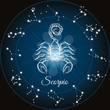 Zodiac sign scorpio and circle constellations. Vector illustration.